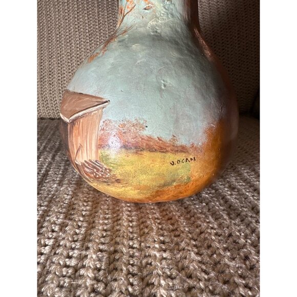 Vtg Hand Painted Decorative 10" Gourd Rustic Autumn Landscape Design Folk Art - Picture 7 of 10